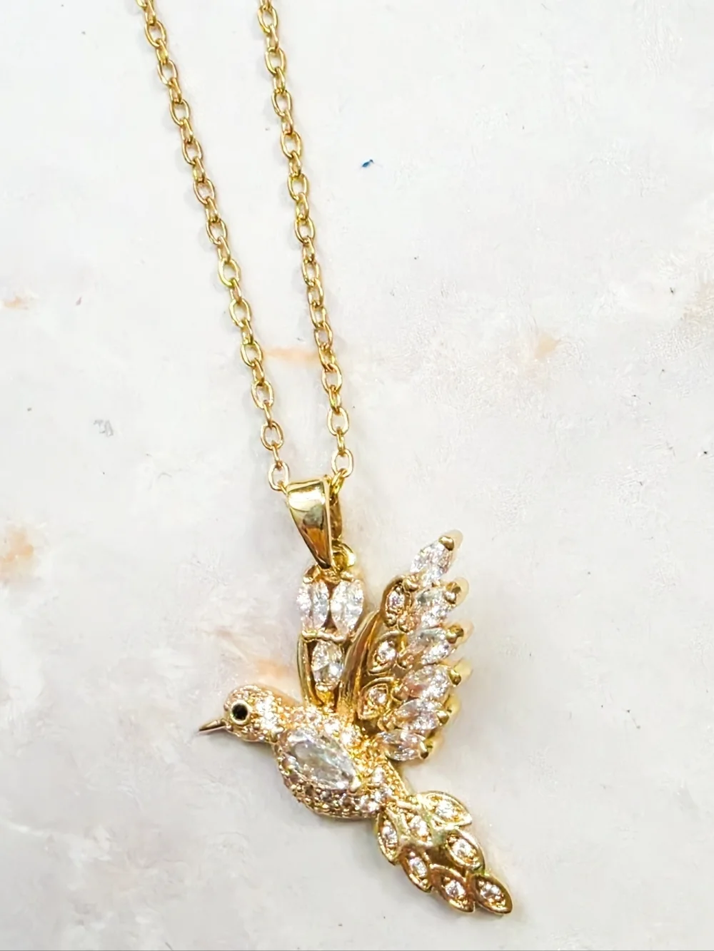 Golden Hummingbird Pendant Necklace Sparkling Marquise Crystal Bird Jewelry
